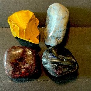Black onyx, red tigers eye, blue chert and yellow jasper crystal bundle